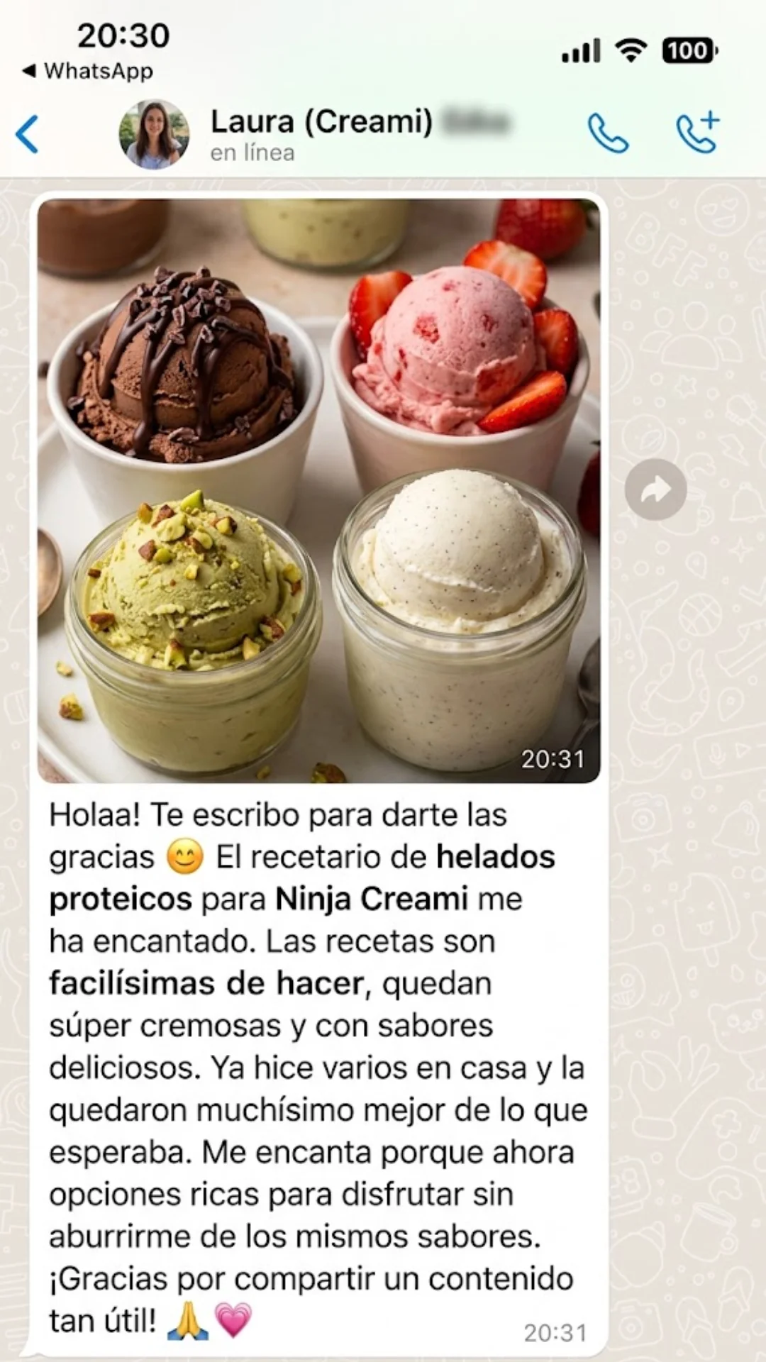 Mensaje de una clienta compartiendo su experiencia con el recetario (1 de 4)