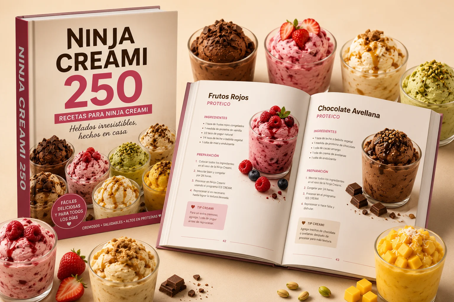 Conjunto completo del recetario Ninja Creami 250 recetas proteicas con tablet, smartphone y vasos de helado