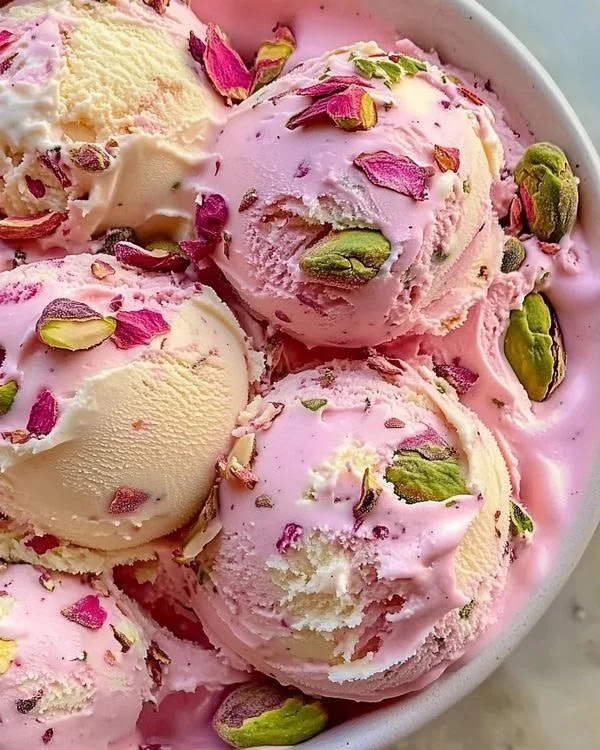 Helado proteico de fresa y vainilla con pistachos y pétalos