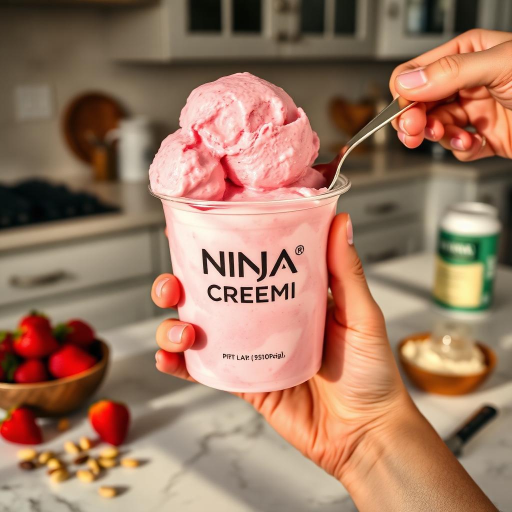 Persona sosteniendo un vaso de Ninja Creami con helado proteico cremoso